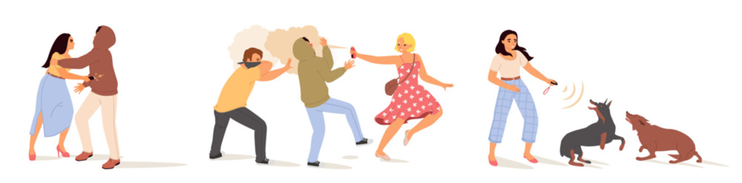 Self-defense techniques from street hooligan and aggressive homeless dogs vector illustration set. Young woman using gas canister, electric shock, ultrasound device to protect herself