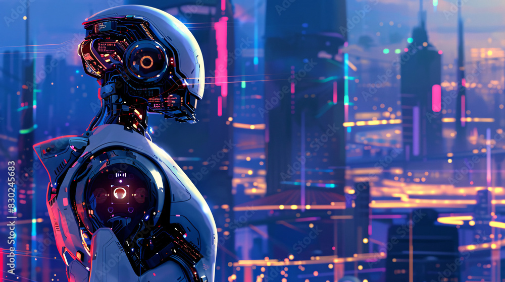 Poster a robot stands in front of a cityscape with a futuristic look. the robot is surrounded by a city wit