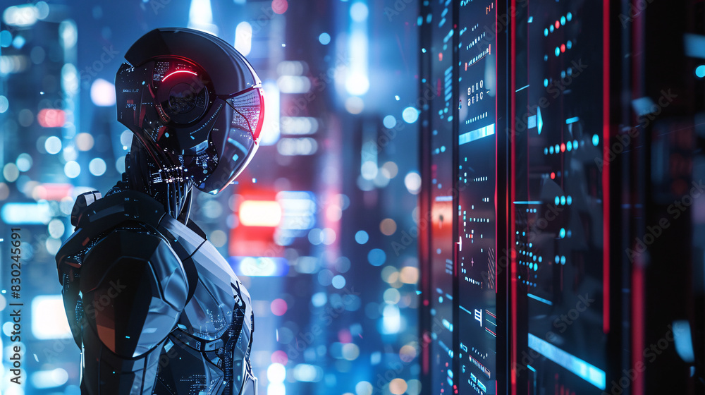 Poster a robot stands in front of a cityscape with a futuristic look. the robot is surrounded by a city wit