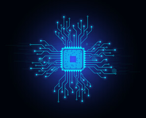 Microchip with circuit board pattern for blue digital tech technology background