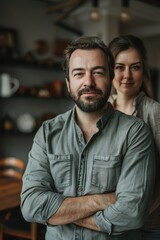 Obraz premium Portrait of a confident man with crossed arms and a woman behind him.