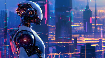 A robot stands in front of a cityscape with a futuristic look. The robot is surrounded by a city with tall buildings and lights. Scene is futuristic and technological