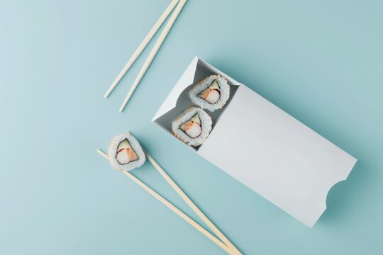 mockup of a white sushi box on a blue background with rolls and chopsticks, branding