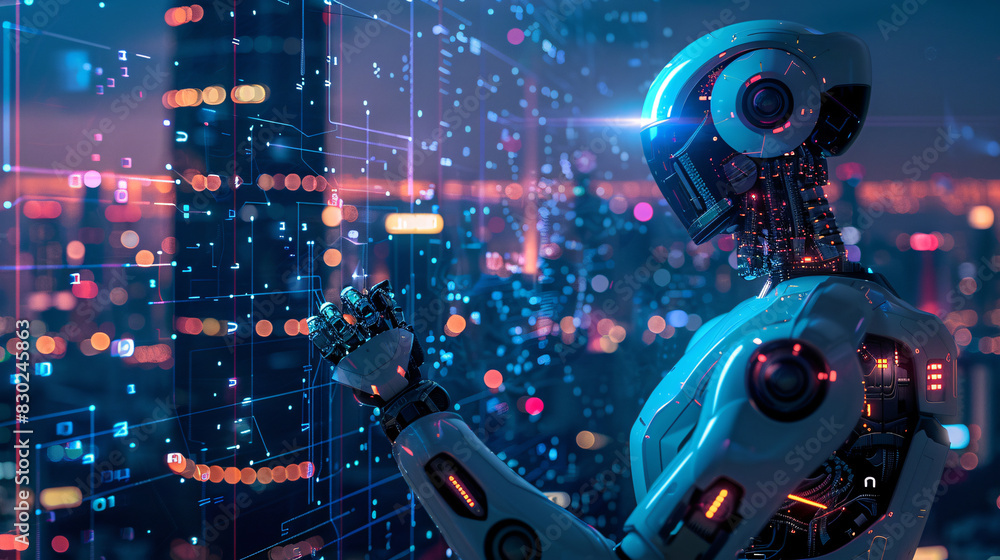 Aufkleber a robot stands in front of a cityscape with a futuristic look. the robot is surrounded by a city wit