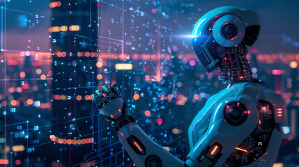 Obraz premium A robot stands in front of a cityscape with a futuristic look. The robot is surrounded by a city with tall buildings and lights. Scene is futuristic and technological