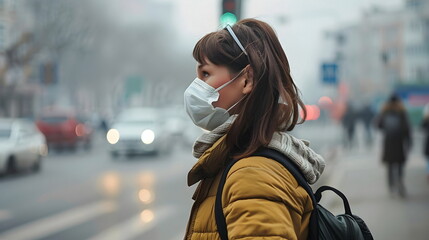 Fototapeta premium Woman Wearing Face Mask Urban Street Hazy Air Pollution City Life Winter Season