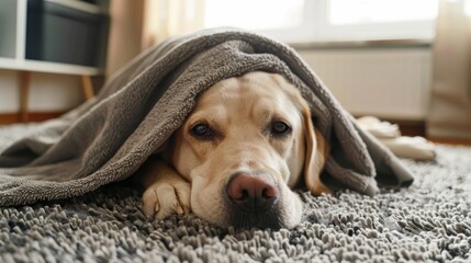 Close up of a Labrador dog in a towel resting on a gray carpet while wet