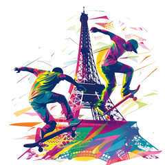 Summer Olympics games in Paris 2024. skateboarders against the backdrop of Eiffel Tower in a colorful vector illustration. Abstract illustration watercolour on a white isolated background.