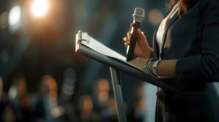 Professional Speaker Event Microphone Stage Audience Presentation Focus Spotlight