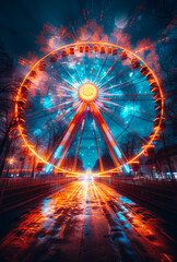 A large, colorful Ferris wheel is lit up in the night sky. The bright colors and the glowing lights create a sense of excitement and wonder.