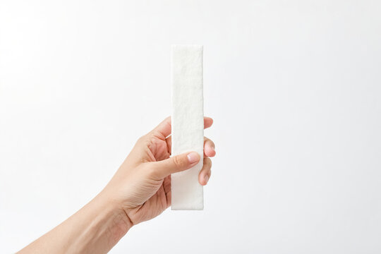 Close-up of a hand holding a white rectangle
