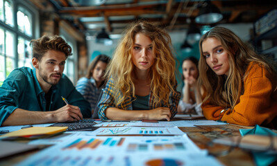 Fototapeta premium A group of people are sitting around a table with papers and a calculator. The woman in the center has her hair in a messy bun and is looking at the papers.