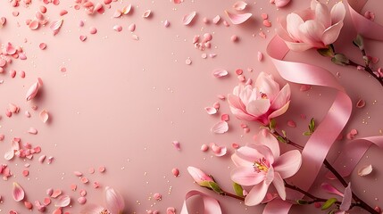 Fototapeta premium Pink Cherry Blossoms with Ribbon and Petals on Pastel Background, Elegant Floral Arrangement, Copy Space for Text, Minimalist Design, Romantic Concept, Top View for Marketing Material