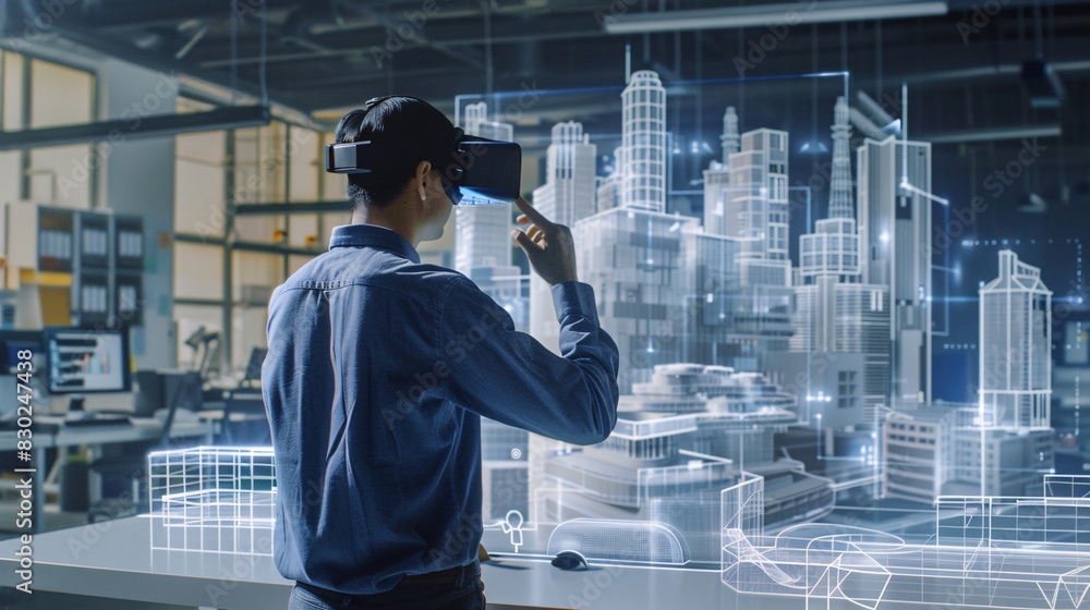 Poster a man is wearing a virtual reality headset and is interacting with a city in a virtual environment. 