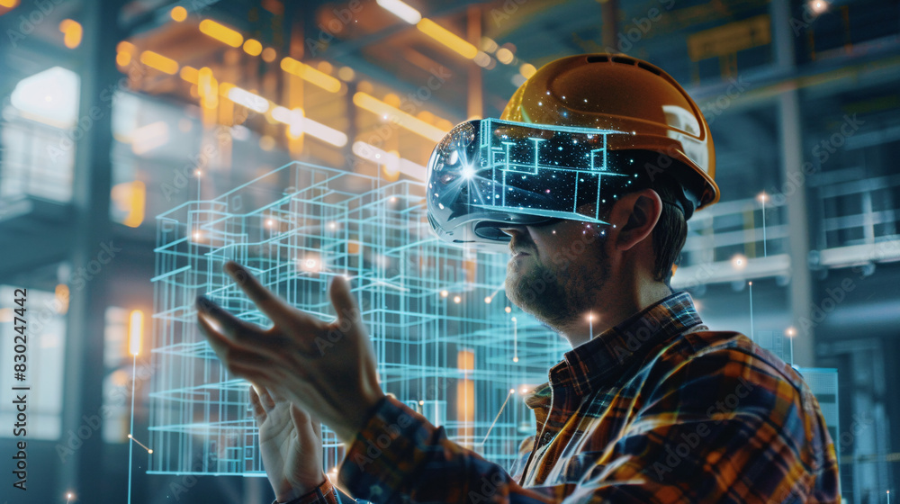 Poster a man is wearing a virtual reality headset and is interacting with a city in a virtual environment. 