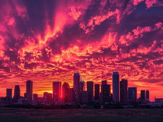 A vibrant sunset over a city skyline, with the buildings silhouetted against a sky ablaze in shades of red, orange, and pink. The dramatic colors create a stunning and lively atmosphere. 