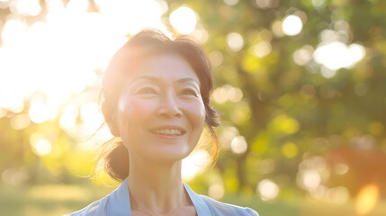 Healthy happy smiling middle aged asian woman taking sunlight exposure in summer green park with good sun light and ultraviolet, uv for vitamin d metabolism production isolated on white background, mi