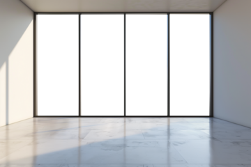 Large minimal clean window frame interior design. Transparent PNG background. Spacious office with contemporary window. Elegant, minimal decor.