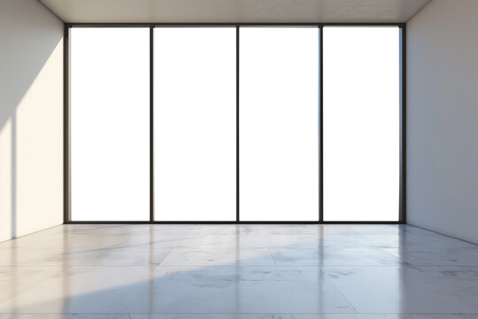 Large minimal clean window frame interior design. Transparent PNG background. Spacious office with contemporary window. Elegant, minimal decor.