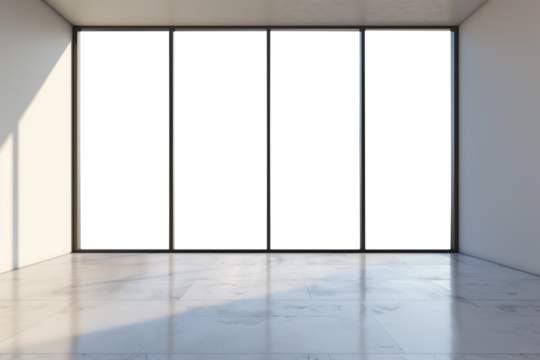 Large minimal clean window frame interior design. Transparent PNG background. Spacious office with contemporary window. Elegant, minimal decor.
