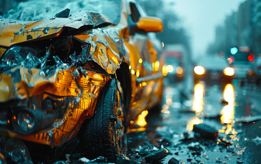 A yellow car is smashed and has a lot of glass on it. The car is in the middle of a street with other cars and a fire truck.