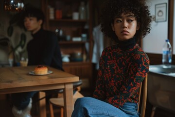 Asian old woman in black turtleneck. Mid-Autumn Festival. Moon cake. Traditional house. China
