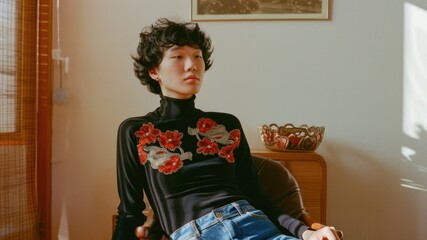 Beautiful Asian woman. Retro style photo. Traditional Chinese house. Hong Kong style. 80s.