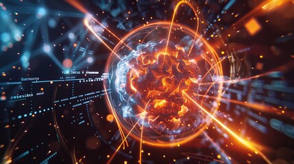 A glowing orange ball with is surrounded by a bright black background. Concept of energy.