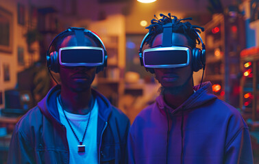 Two men wearing virtual reality headsets are standing in a room. The room is dimly lit and has a cozy atmosphere