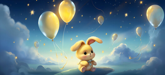 Illustrate the baby rabbit floating with balloons as the sun rises, casting a warm and golden glow on the scene with the stars fading into daylight