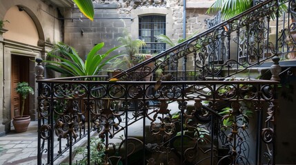 Fototapeta premium A Victorian iron balustrade with intricate floral motifs enhances a picturesque, historic courtyard's charm.