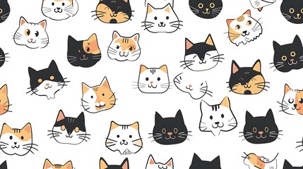 A seamless pattern of various cute cartoon cat faces on a white background suitable for children's fabric or wallpaper designs. 