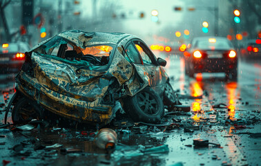 A car is in a pile of debris on a wet road. The car is upside down and has a smashed windshield.