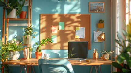Productive Home Office Corkboard and Sticky Notes for Planning in a Modern Workspace Flooded with Natural Light