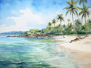 Illustration of ranquil beach scenes with white sand, clear blue water and palm trees
