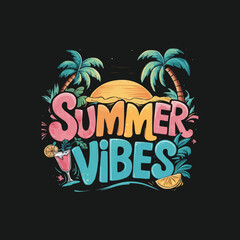 Fototapeta premium A whimsical summer vibes with typography tropical motifs against a dark background vector illustration