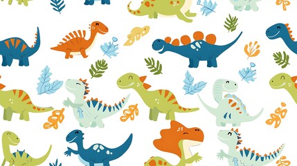 A playful and colorful dinosaur pattern suitable for children's fabric or wallpaper designs.