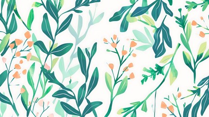 A seamless botanical pattern with stylized green leaves and orange flowers on a light background suitable for fabric or wallpaper designs. 