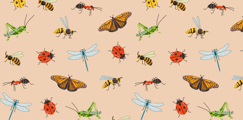 Garden insects seamless pattern. Illustration of dragonfly, ant, butterfly, ladybug, bee, grasshopper, worm, and wasp on a beige background. © Diana