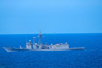 The frigate Santa Maria F81 of the Spanish Navy on bay of Gijon,