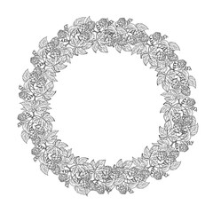 The border frame is round with branches of hops. An ingredient for brewing. An illustration with black and white vector graphics drawn by hand. For the design of labels, packages, posters oktoberfest.