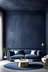 Luxury premium living room with sofas and table, accent wall with decorative plaster stucco in gray microcement texture, dark blue navy interior design reception, 3D render mockup art

