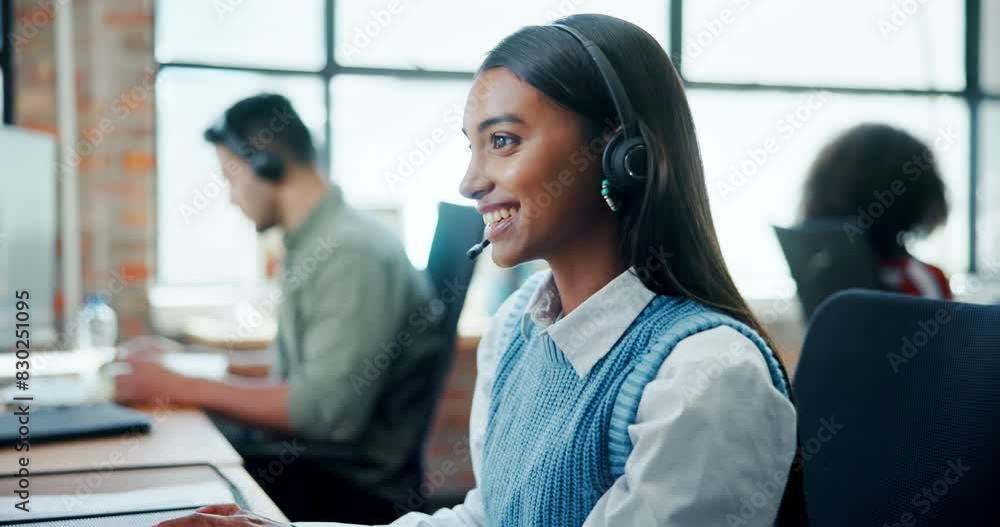 Poster office, woman and customer service in call center with consultant for crm, faq or b2b networking. te