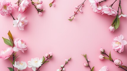 A frame of beautiful cherry blossoms on a pastel pink background with space in the center for text or design elements. 