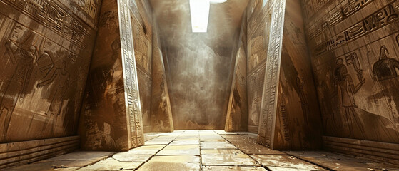 Inside of an ancient Egyptian pyramid. Secret tomb of an Egyptian Pharaoh with hieroglyphs on its...