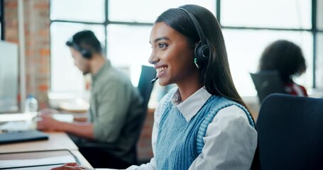 Office, woman and customer service in call center with consultant for crm, faq or b2b networking. Telemarketing, sales and contact us for technical support, help and advice for problem solving ideas