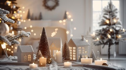 A cozy Christmas setting with illuminated miniature houses and trees, surrounded by candles and festive decorations in a warm, soft-hued interior.  - Powered by Adobe