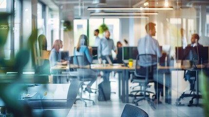 Professionals engaging in various activities in a bright, modern office environment.