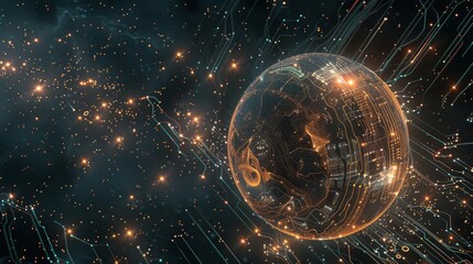 A glowing sphere in the middle of a dark background. World Wide Web Concept