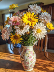 A vase of yellow and pink flowers on the table, photo  decoration, centrepiece,
